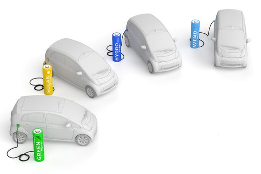 four E-Cars in a circle are fuelled by renewable energy - solar, hydro, wind and green energy