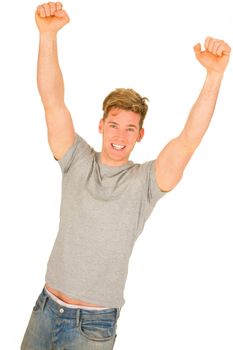 young man with arms up