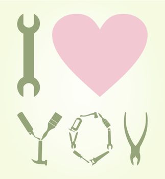 Love inscription from tools. A vector illustration