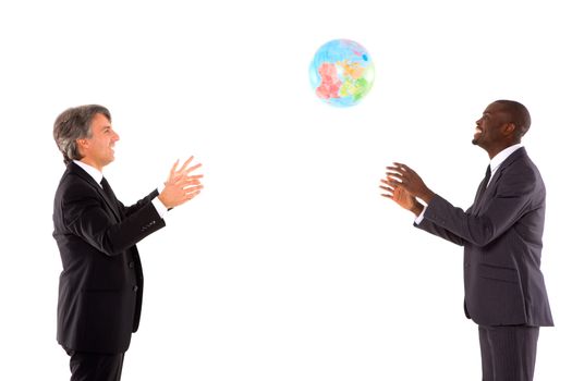 two businessmen playing with a globe