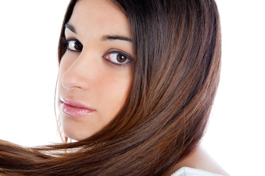 asian brunette indian woman with long hair closeup portrait