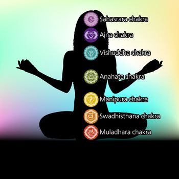 Silhouette of woman with symbols of chakra. EPS 8