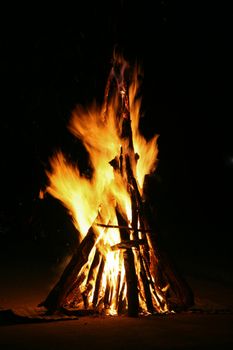 Flames of a campfire in the night