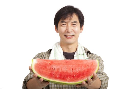 middle age asian farmer holding Watermelon isolated on white
