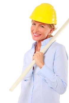 woman architect with hard hat and plan