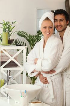 young couple together in the bathroom