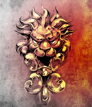 Sketch of tattoo art, gargoyle lion illustration