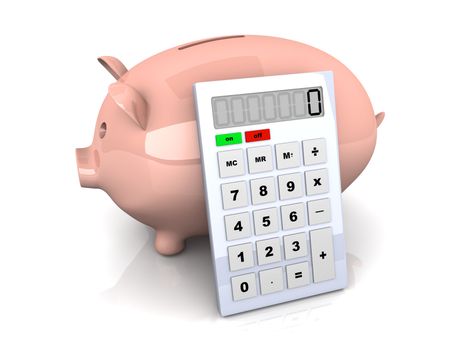 3D rendered Illustration. Isolated on white. A piggy Bank with a calculator.
