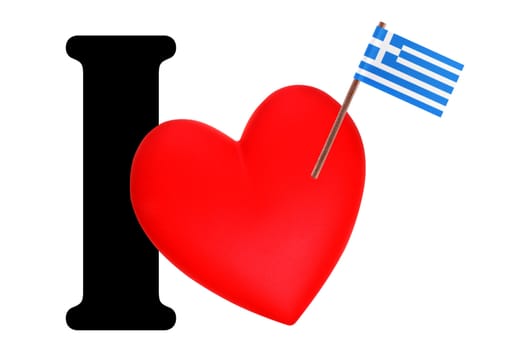 Small flag on a red heart and the word I to express love for the national flag of Greece