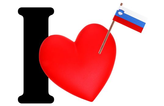 Small flag on a red heart and the word I to express love for the national flag of Slovenia