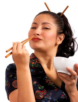 Japanese Cute Girl Eating With Chop Sticks