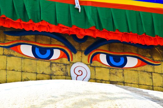 Close up of widsom eyes of Boudhanath Stupa with in Kathmandu, N