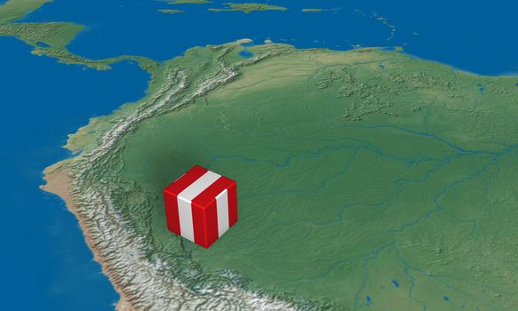 Location of Peru with a cube over the map
