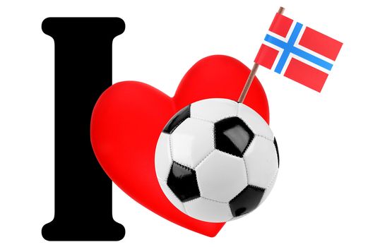 Small flag on a red heart and the word I to express love for the national flag of Norway