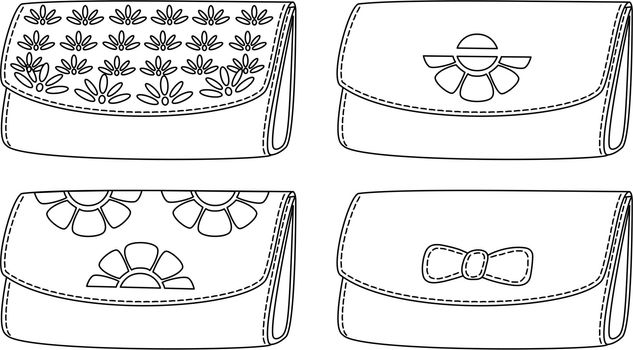 Set stylish leather wallets for money with floral pattern, black contour on white background. Vector illustration