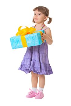 Little girl holding a gift - birthday isolated on white background