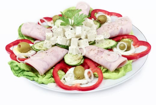 Bulgarian salad with ham and cheese isolated on white background