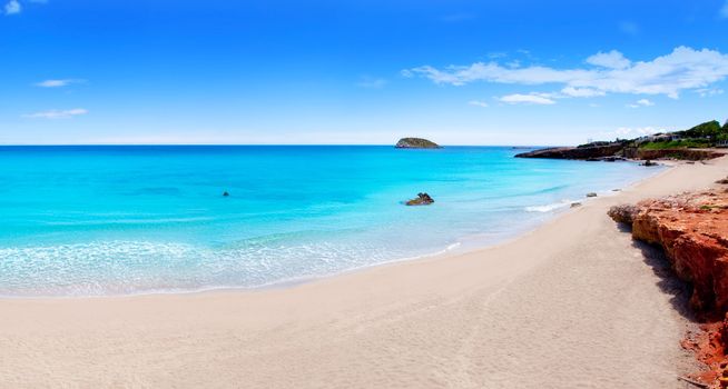 Cala Nova beach in Ibiza island with turquoise water in Balearic Mediterranean