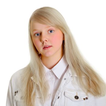 Young blonde girl - portrait on white background