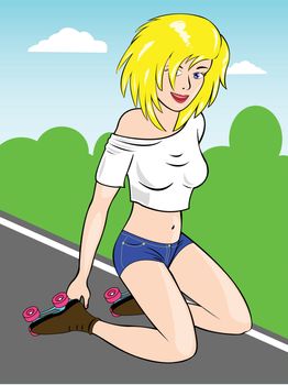 girl with roller-skates on road