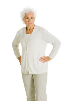 elderly woman with hands on hips