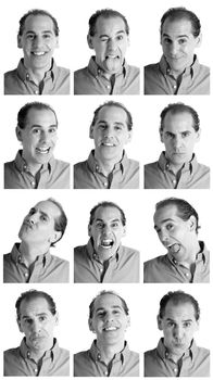 Adult man face expressions composite composite black and white.