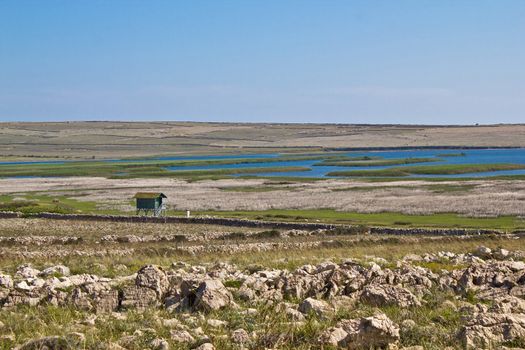 Ornithological reserve on Pag island with watching tower