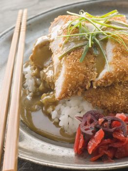Plated Tonkatsu with Vinegar Rice, Curry Sauce and Pickled red R