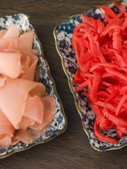Dishes of Red Pickled Ginger and Sushi Ginger