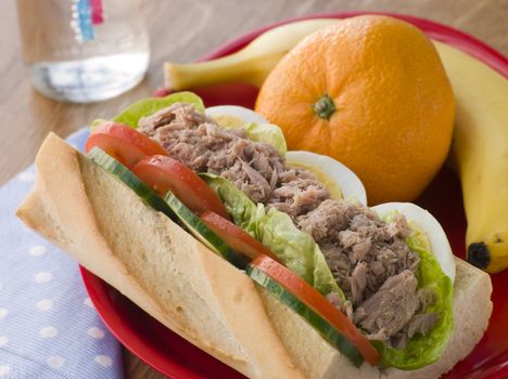 Tuna Egg and Salad Baguette with Fresh Fruit