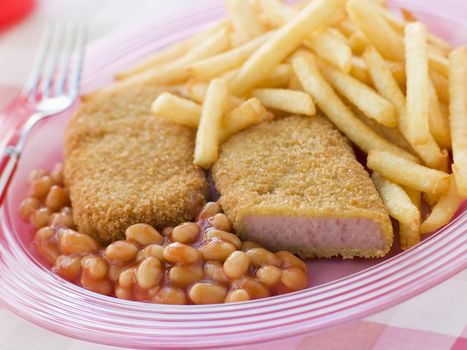 Breadcrumbed Luncheon Meat with Baked Beans and Chips