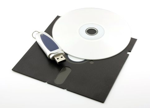 Old floppy disk, USB-drive and CD-ROM