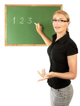 Young teacher writing numbers