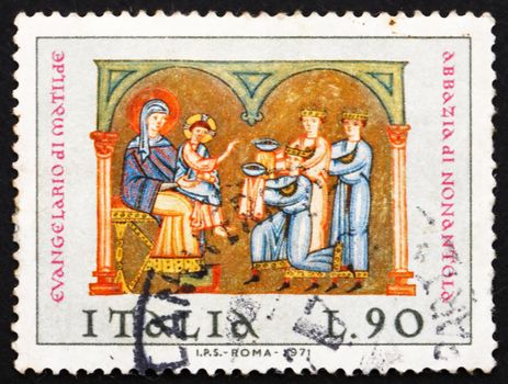 ITALY - CIRCA 1971: a stamp printed in the Italy shows Adoration of the Kings, Christmas, Miniature in Evangelistary of Matilda in Nonantola Abbey, circa 1971