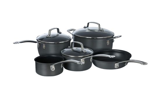 A set of stainless steel pots and pans