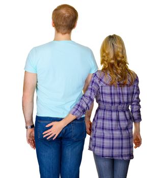 Young couple - rear view on white