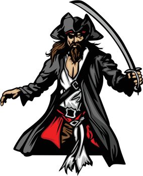 Pirate Mascot Standing with Sword and Hat Graphic Vector Illustration