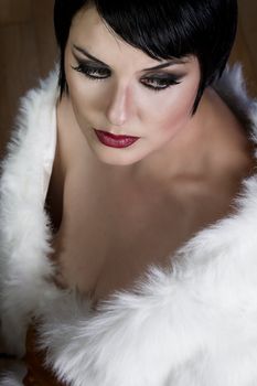 20s style beautiful brunette female wearing fur, exquisite old h