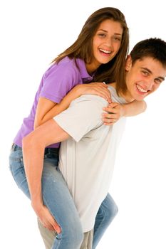 teenage boy piggybacking teenage girl