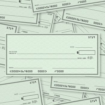 A pile of blank checks with a single check on top in straight layout with open spacing for you to place your own words