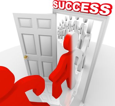 People Walking Through Success Doorway Achieve Goals