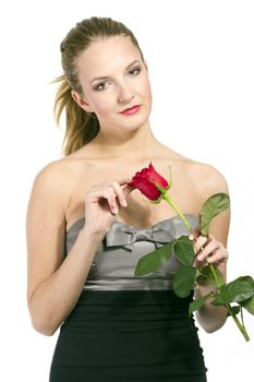 Girl with rose on Valentine's day, on white background