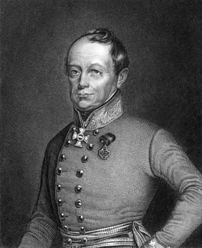 Joseph Radetzky von Radetz (1766-1858) on engraving from 1859. Czech nobleman and Austrian general. Engraved by G.Wolf and published in Meyers Konversations-Lexikon, Germany,1859.