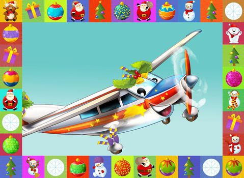 The happy christmas scene - with frame - christmas plane - vehicle - illustration for the children