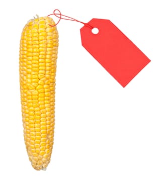 Ripe ear of corn with a red price tag