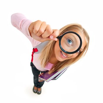 Funny Schoolgirl Looking Through The Magnifying Glass