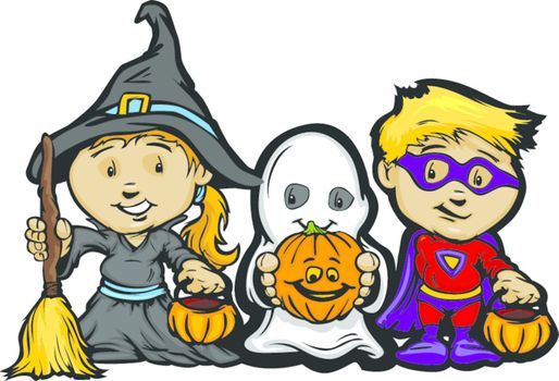 Cute Halloween Kids In Trick or Treat Costumes Cartoon Vector Il