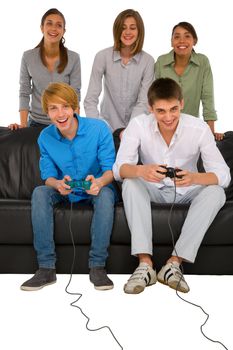 teenagers playing with playstation