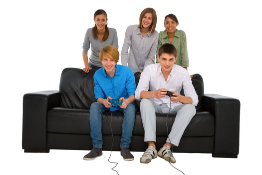 teenagers playing with playstation