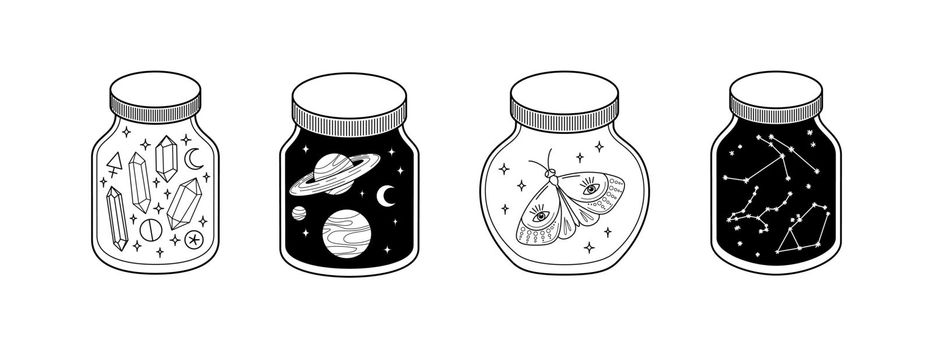 Jars with Cosmic elements standing in line